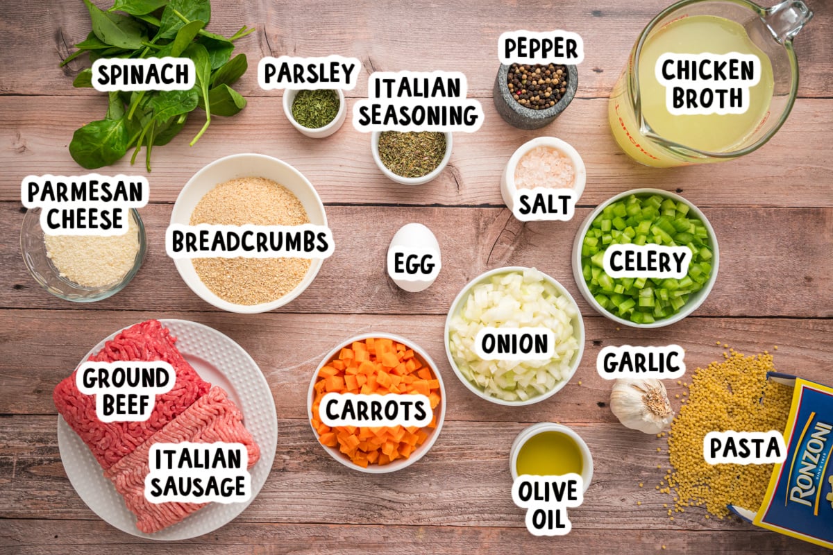 ingredients for slow cooker italian wedding soup on a table.