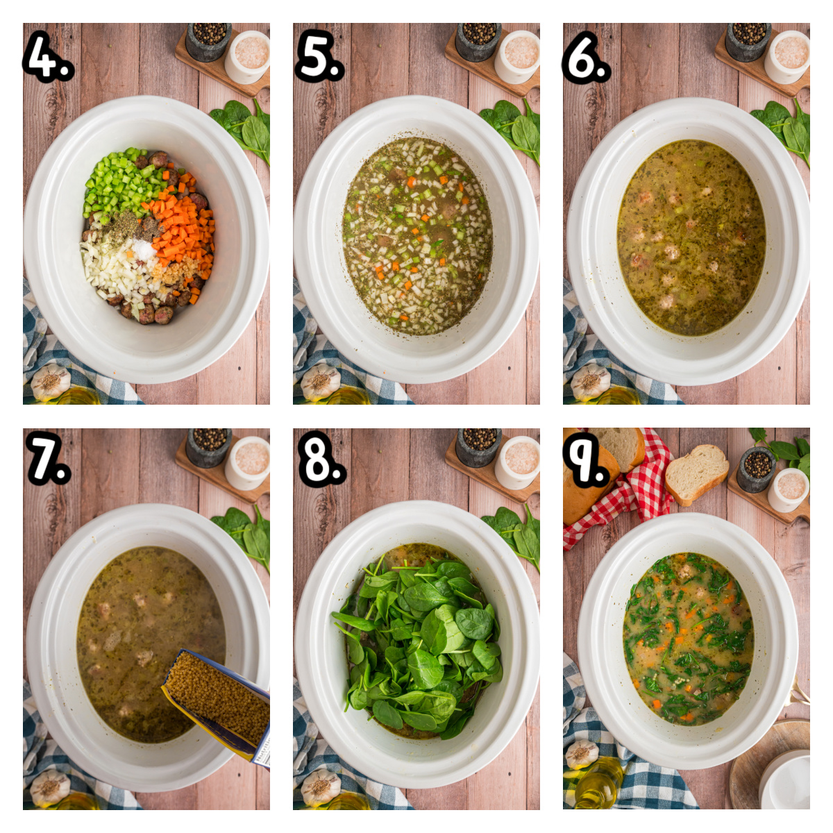 six images showing how to make italian wedding soup in a slow cooker.