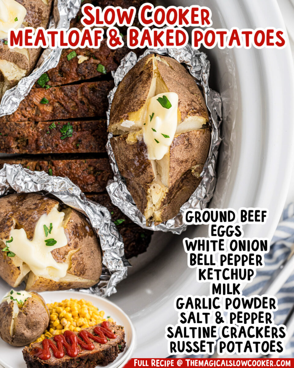 two images of slow cooker meatloaf and baked potatoes with text list of ingredients.