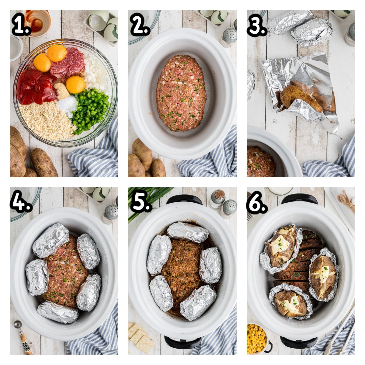 six images showing how to make meatloaf and baked potatoes in a slow cooker.