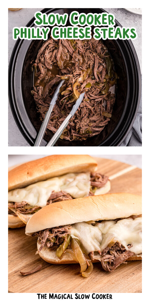 two images of slow cooker philly cheese steaks with text overlay.