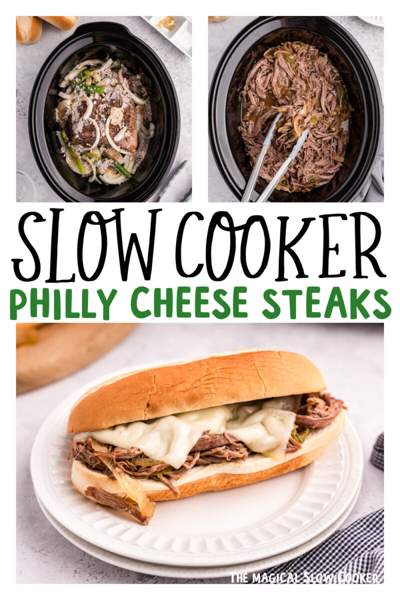 three images of slow cooker philly cheese steaks for pinterest.