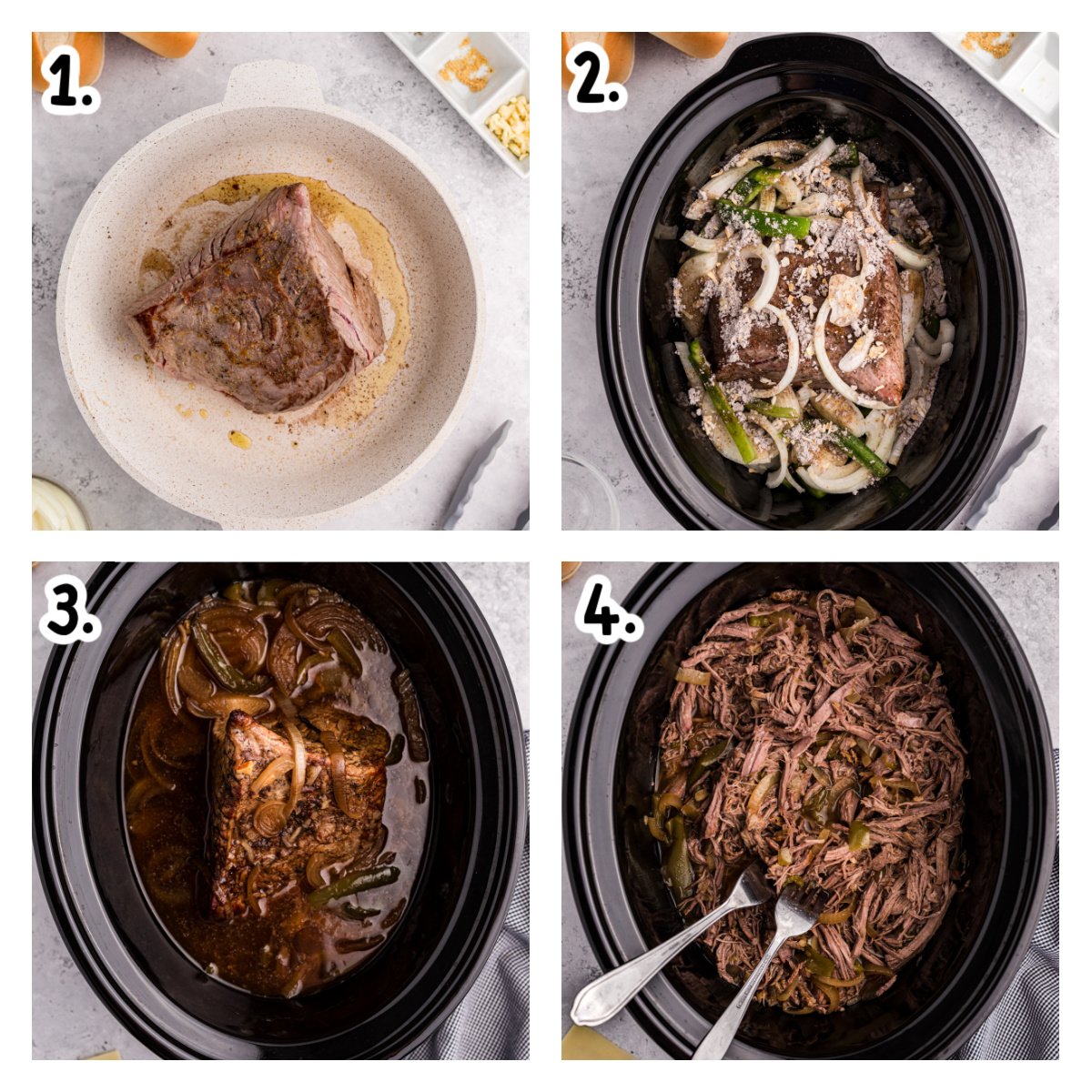 four images showing how to make slow cooker philly cheese steak sandwiches.