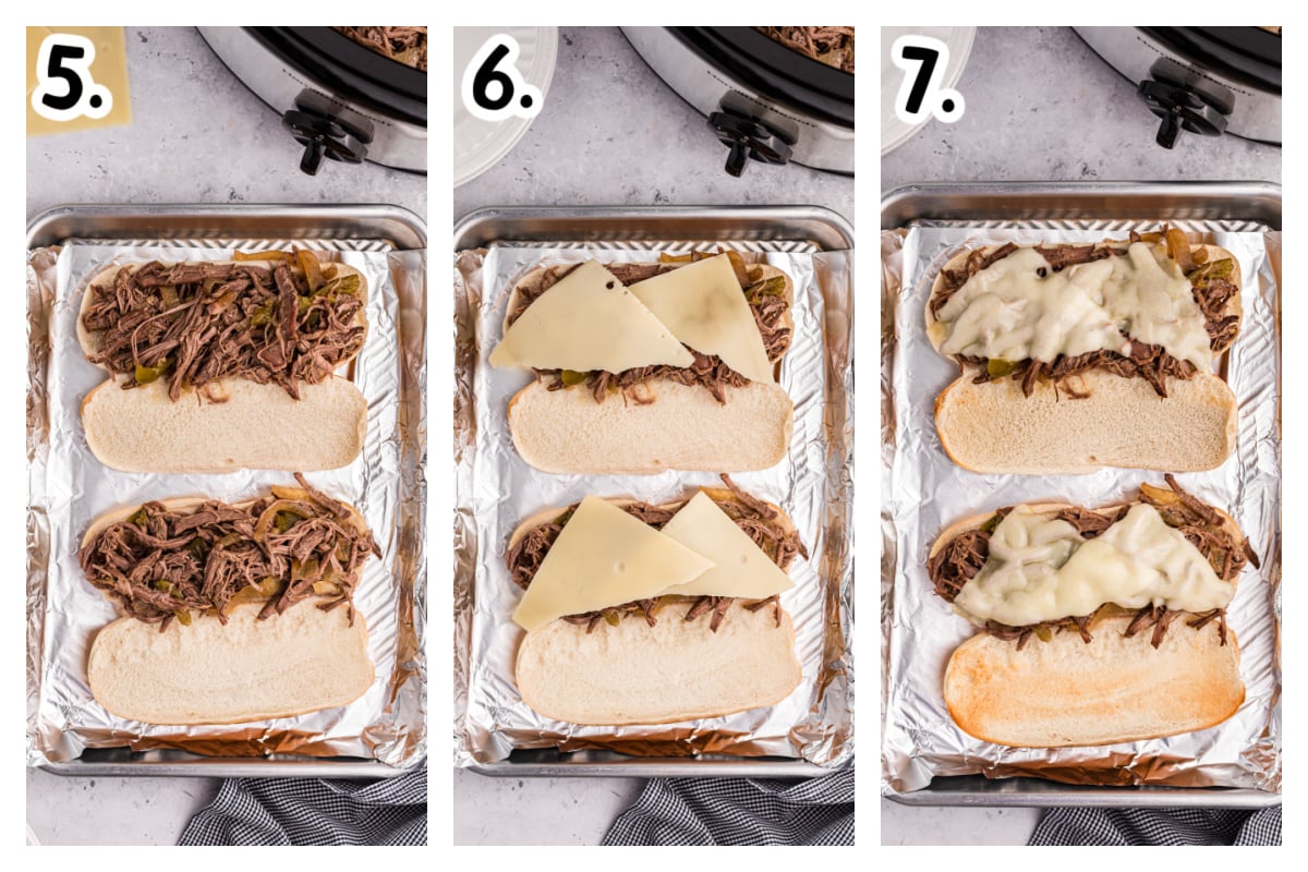 three images showing how to make slow cooker philly cheese steak sandwiches.