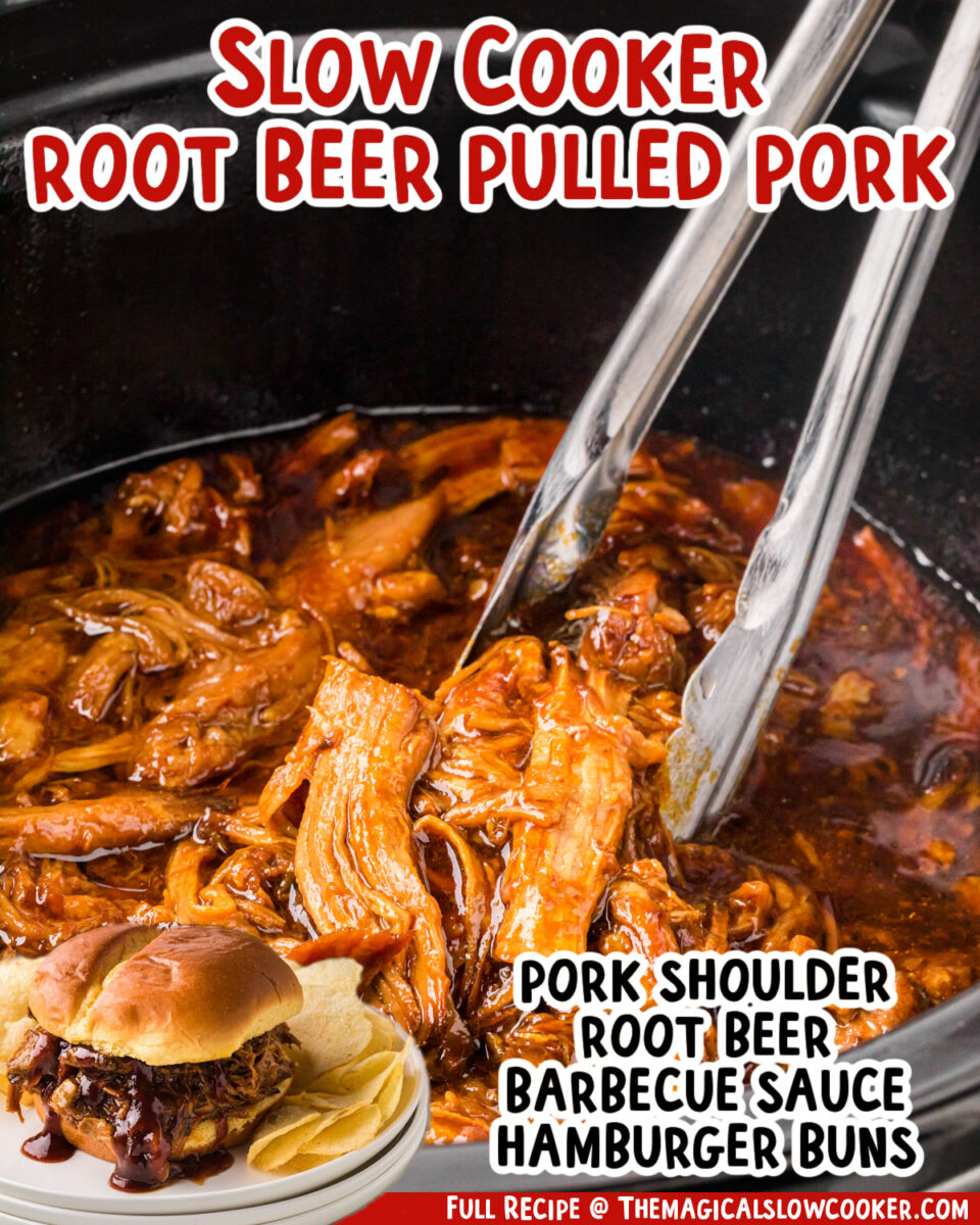 two images of slow cooker root beer pulled pork with text list of ingredients.