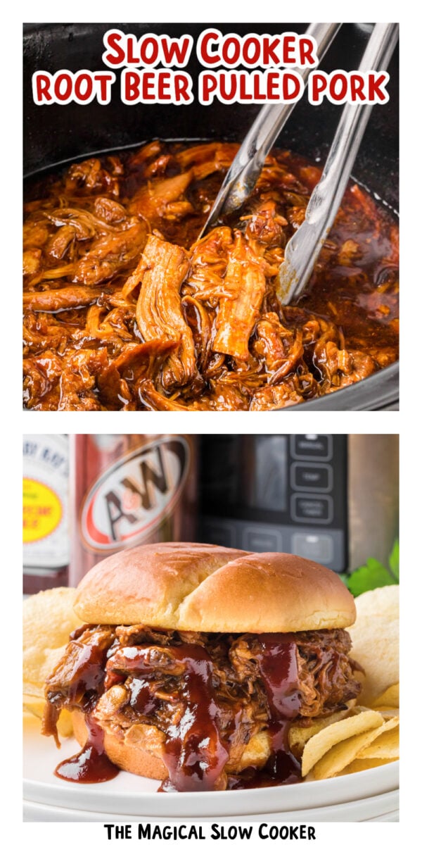 two images of slow cooker root beer pulled pork with text overlay.