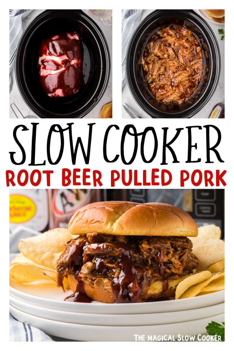 three images of slow cooker root beer pulled pork for pinterest.