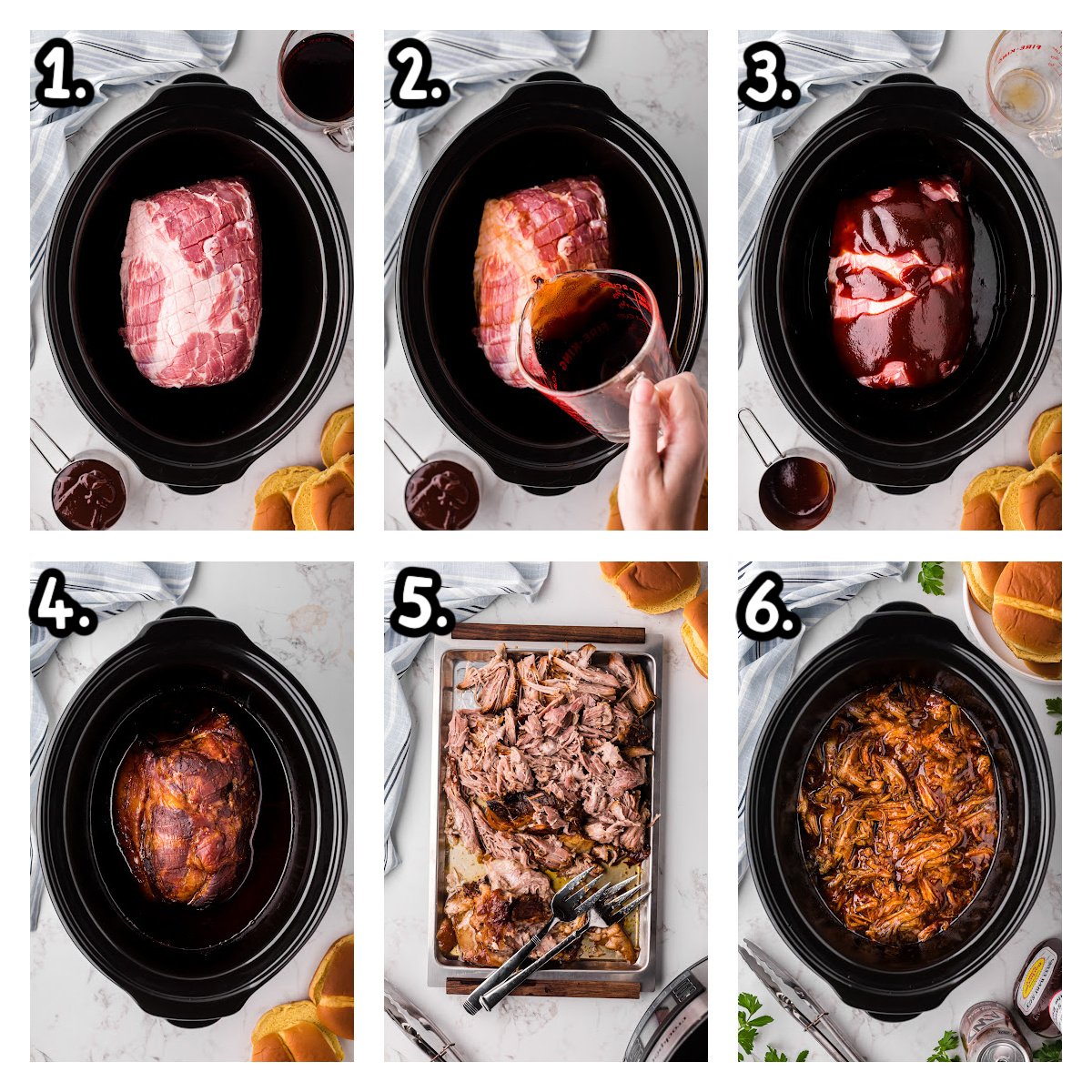 six images showing how to make slow cooker root beer pulled pork.