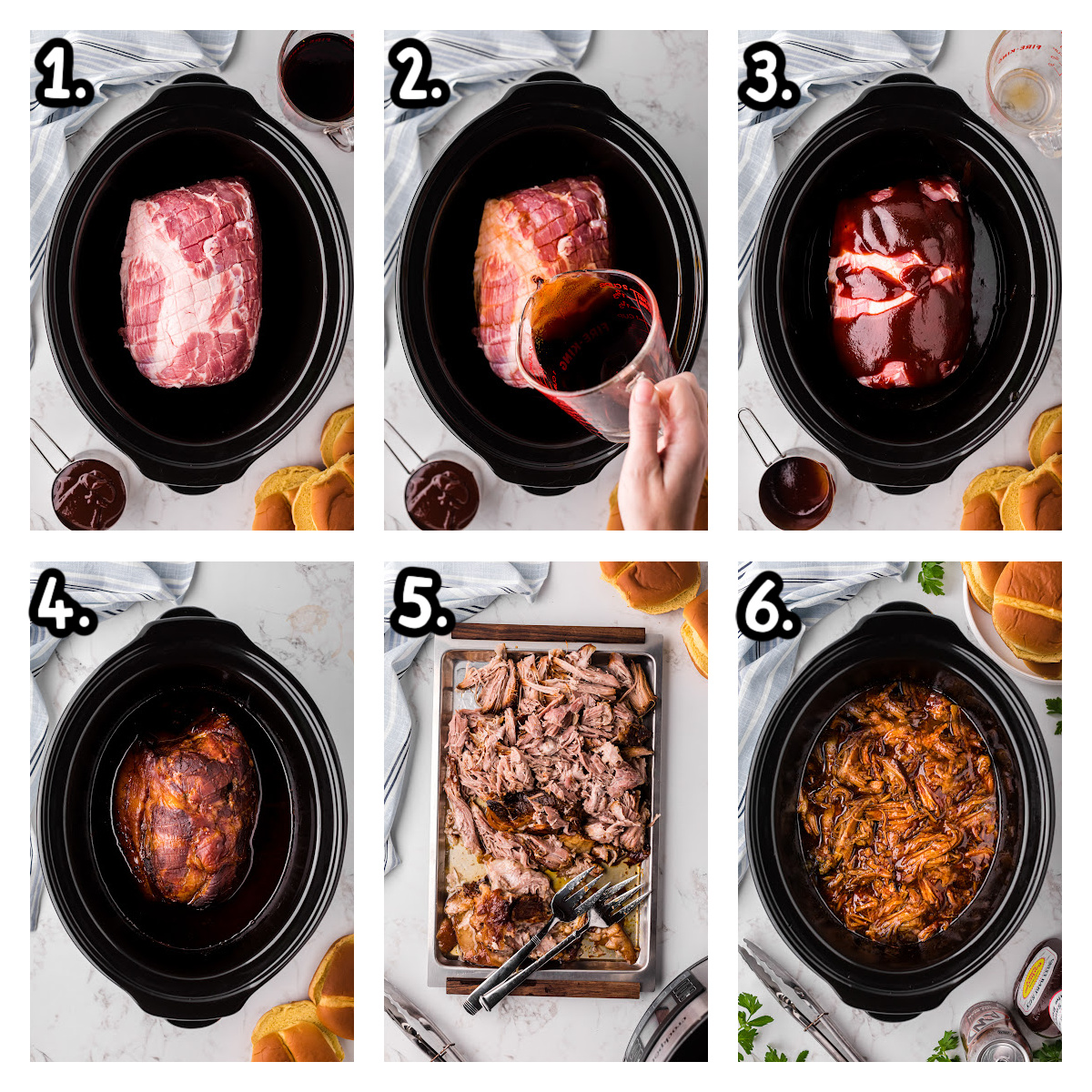 six images showing how to make slow cooker root beer pulled pork.