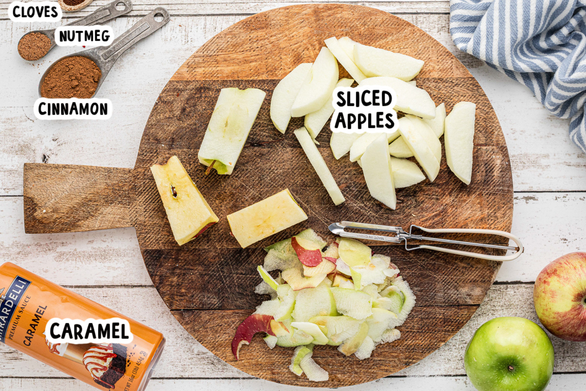 ingredients for slow cooker caramel apple butter on a table.
