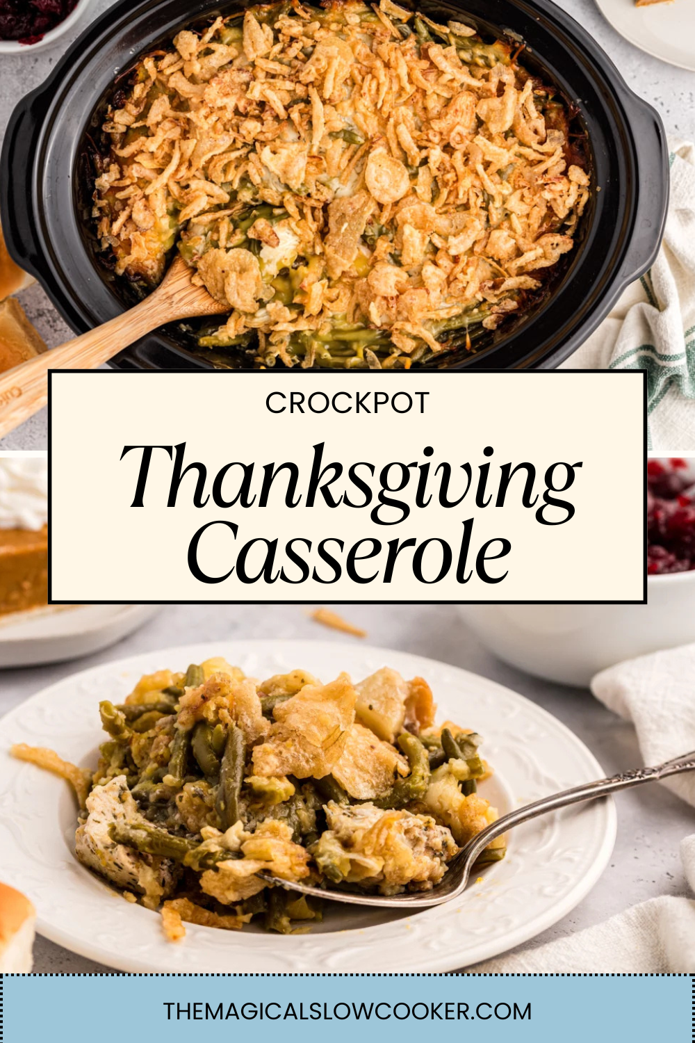 thanksgiving casserole in a slow cooker and on a plate.