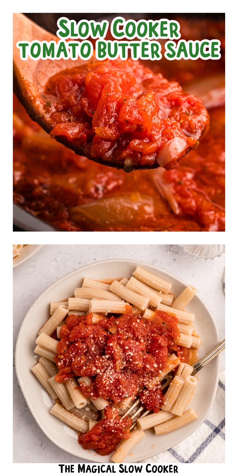 two images of slow cooker tomato butter sauce with text overlay.