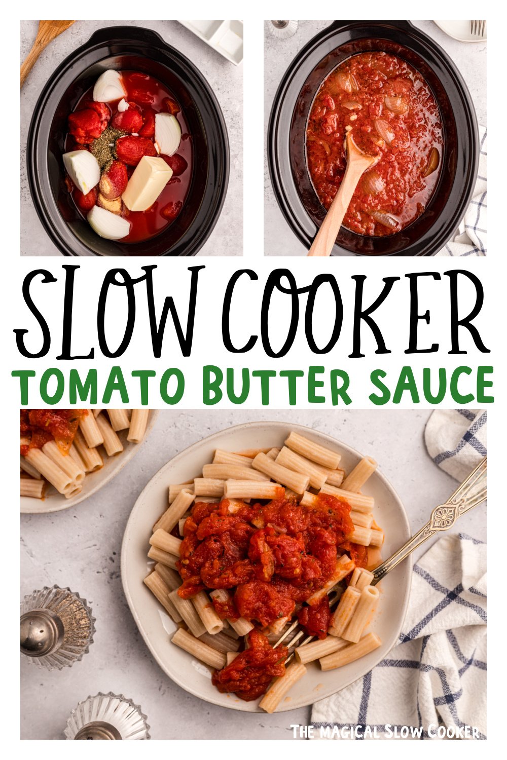 three images of slow cooker tomato butter sauce for pinterest.