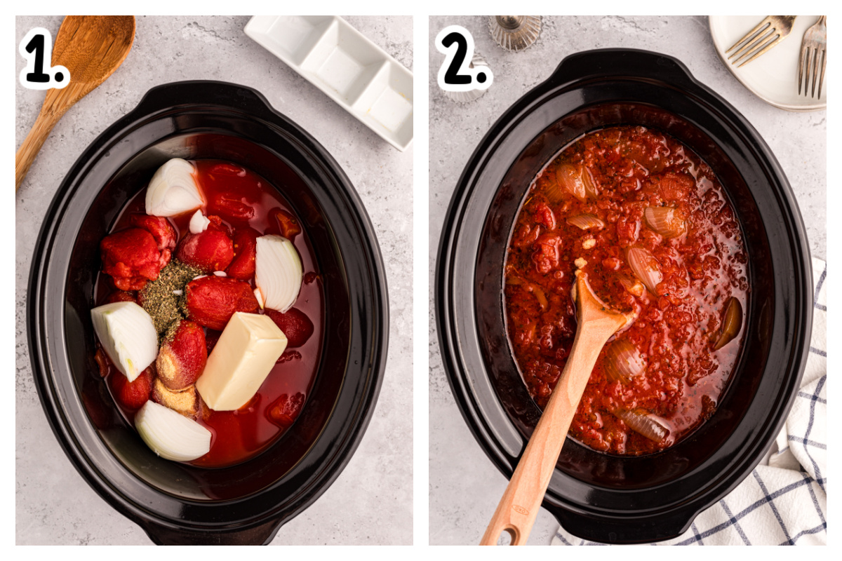two images showing how to make slow cooker tomato butter sauce.