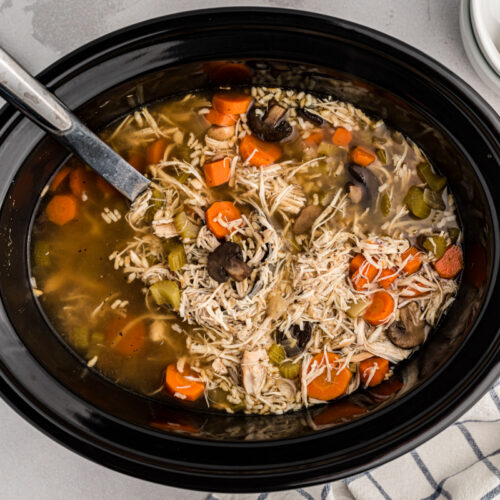 overhead of slow cooker turkey and rice soup.