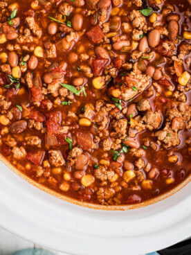 overhead of slow cooker turkey chili.