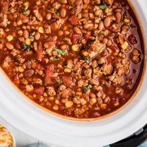 overhead of slow cooker turkey chili.