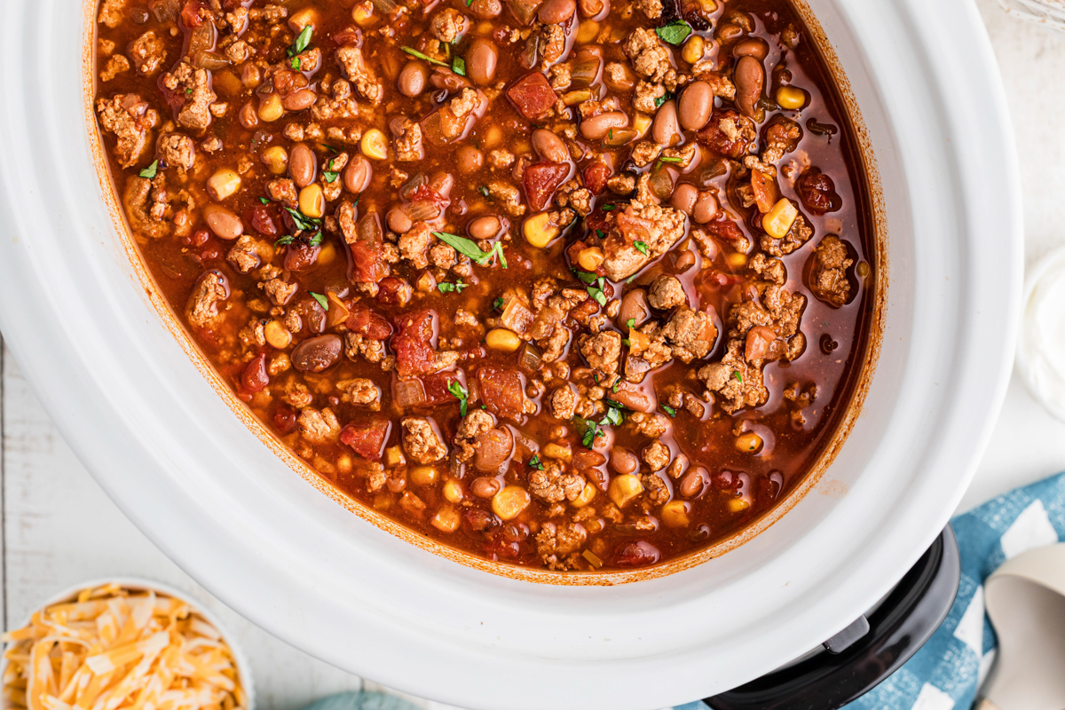 overhead of slow cooker turkey chili.