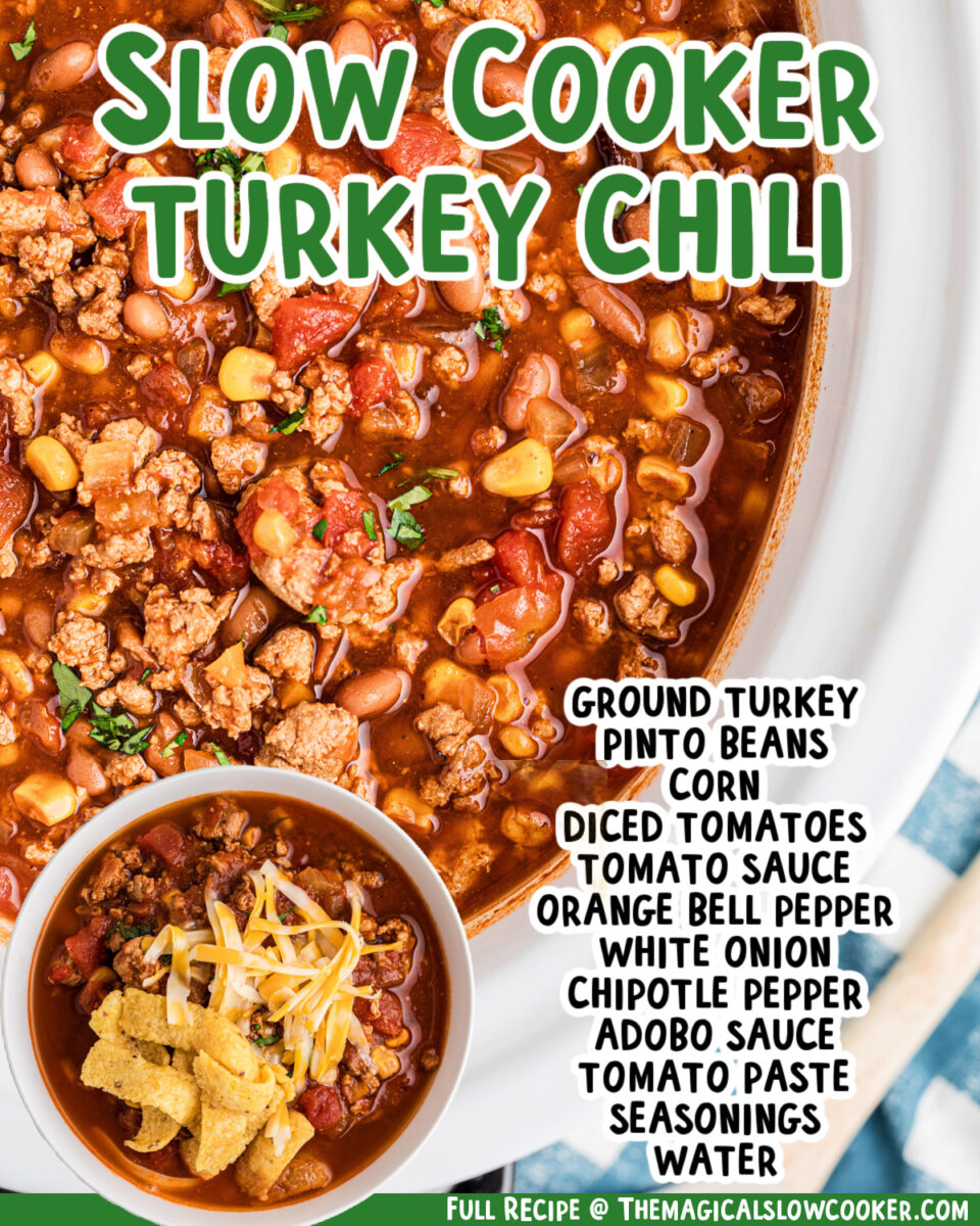 two images of slow cooker turkey chili with text list of ingredients.