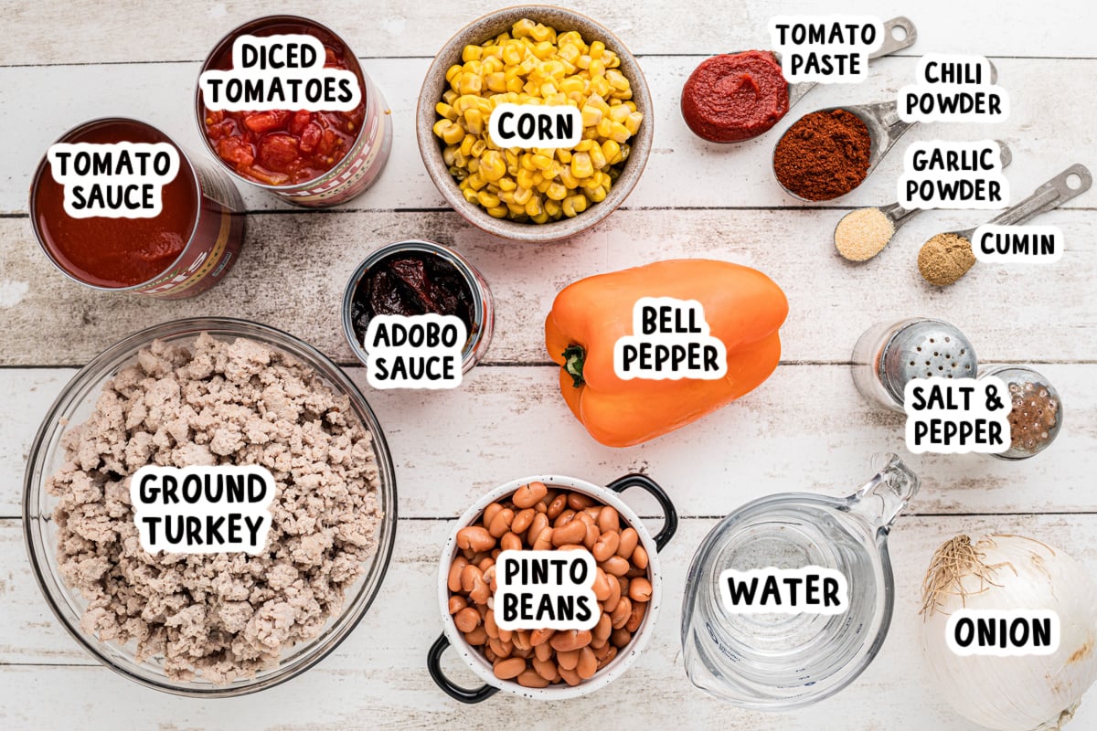 ingredients for slow cooker turkey chili on a table.