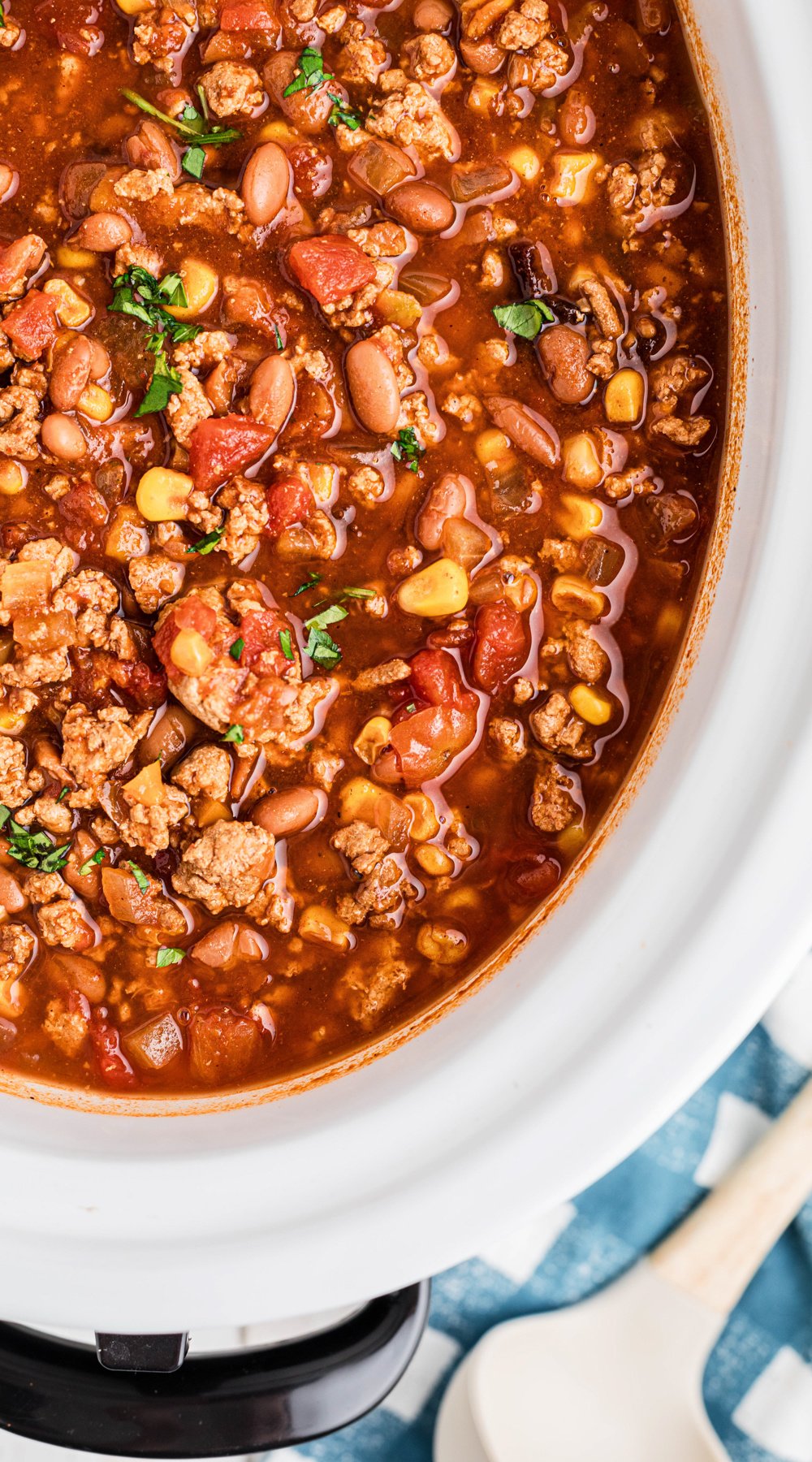 long image of slow cooker turkey chili.