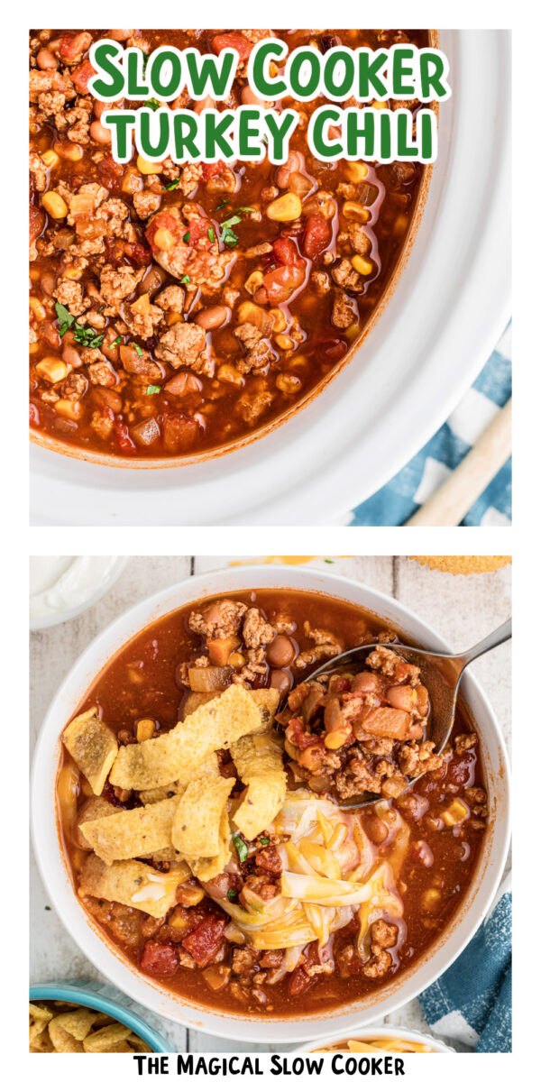 two images of slow cooker turkey chili with text overlay.