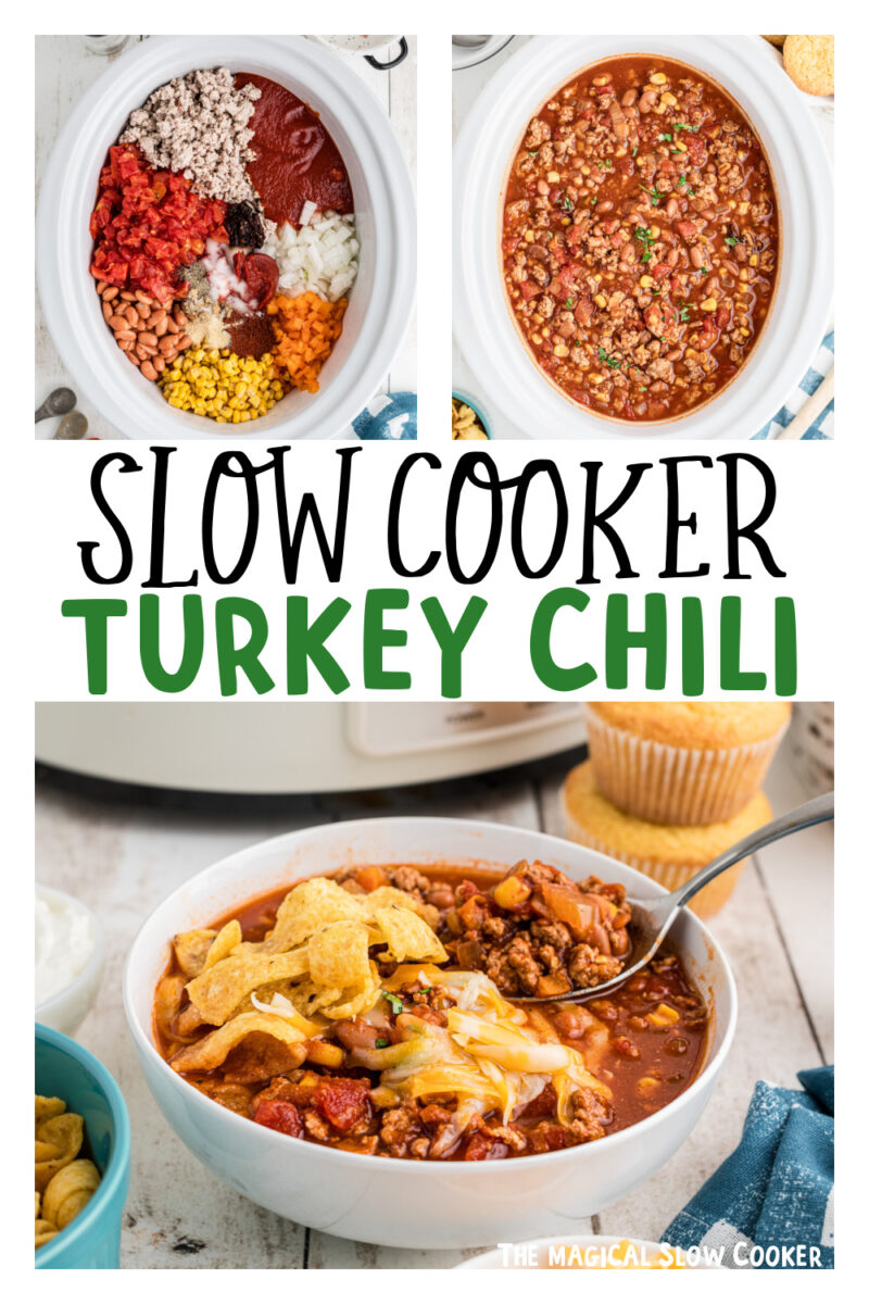 three images of slow cooker turkey chili for pinterest.