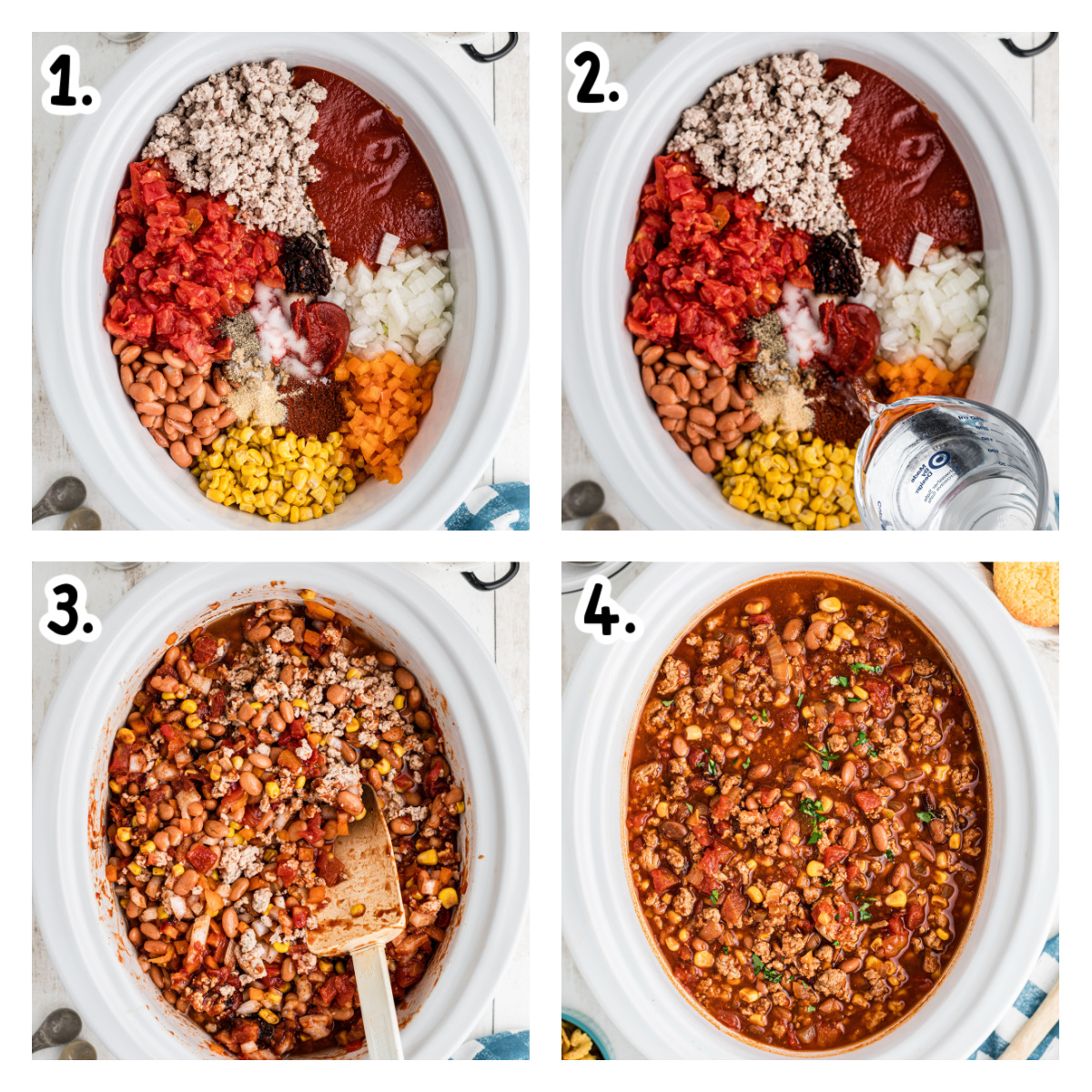 four images showing how to make turkey chili in a slow cooker.