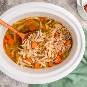 overhead of slow cooker turkey noodle soup.