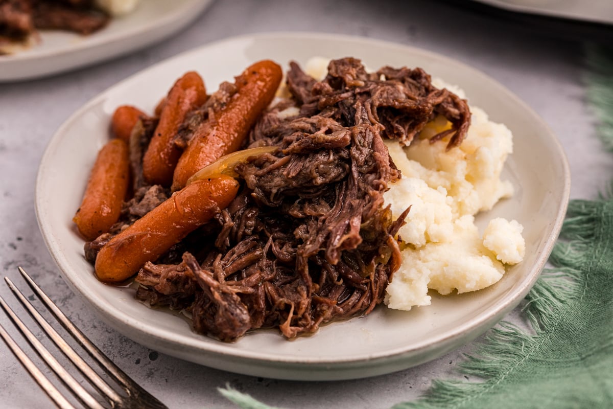 serving of slow cooker 3 packet roast on a white plate.