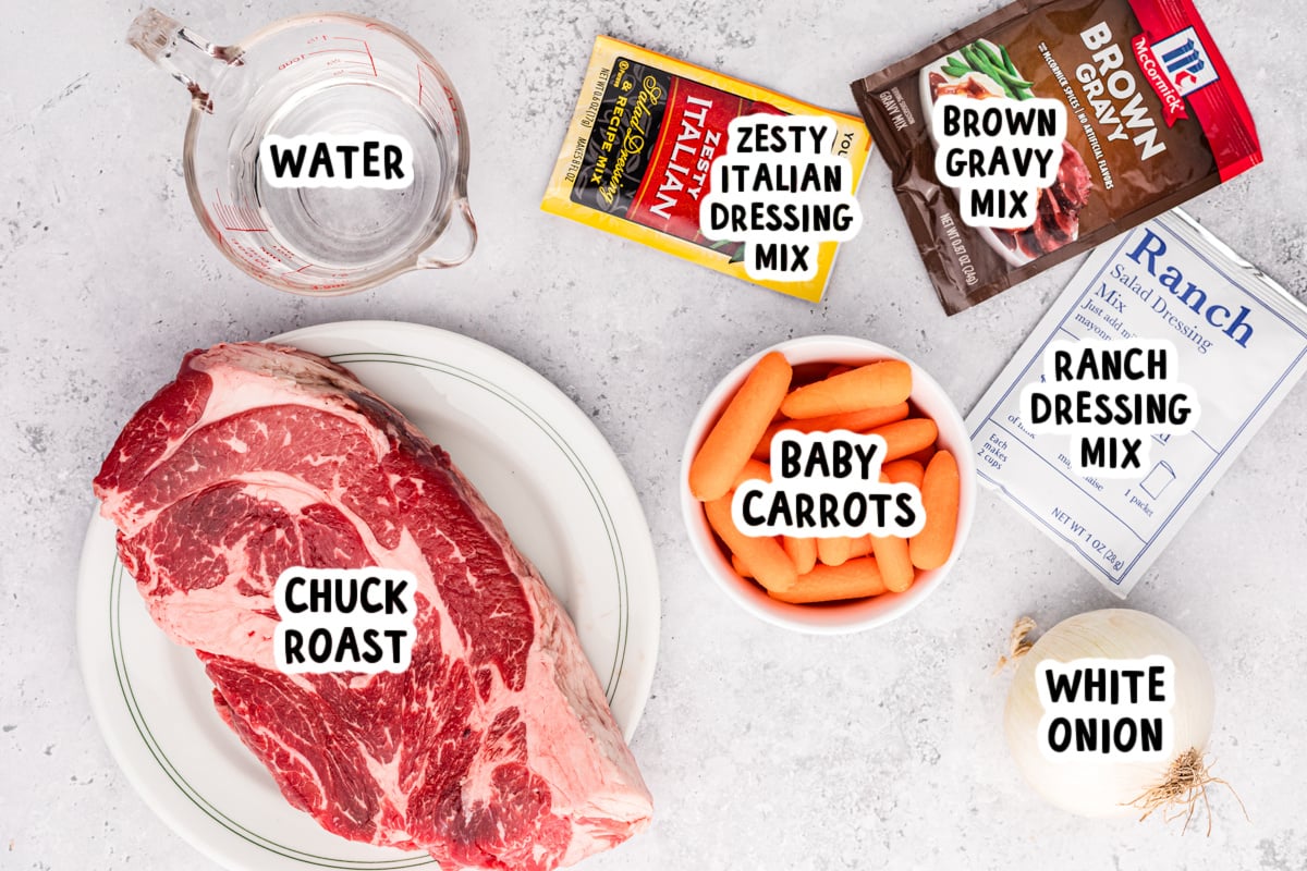 ingredients for slow cooker 3 packet roast on a table.