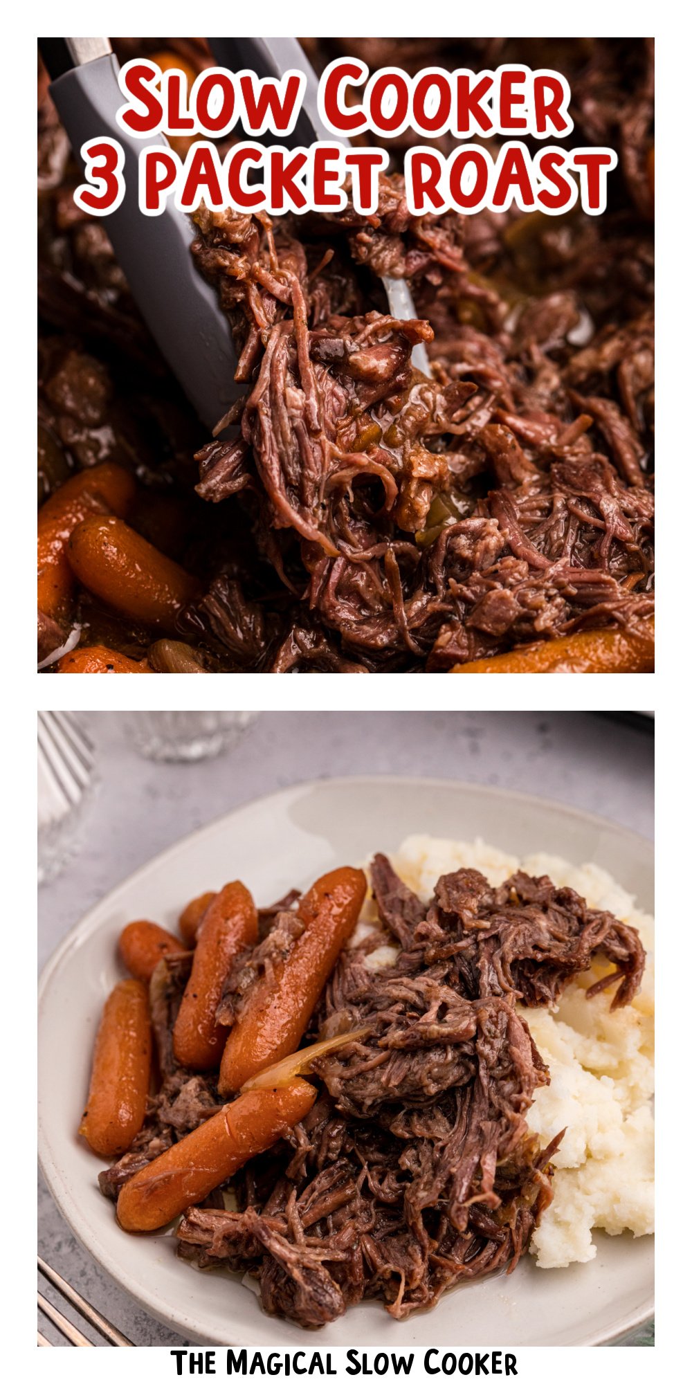 two images of slow cooker 3 packet roast with text title overlay.