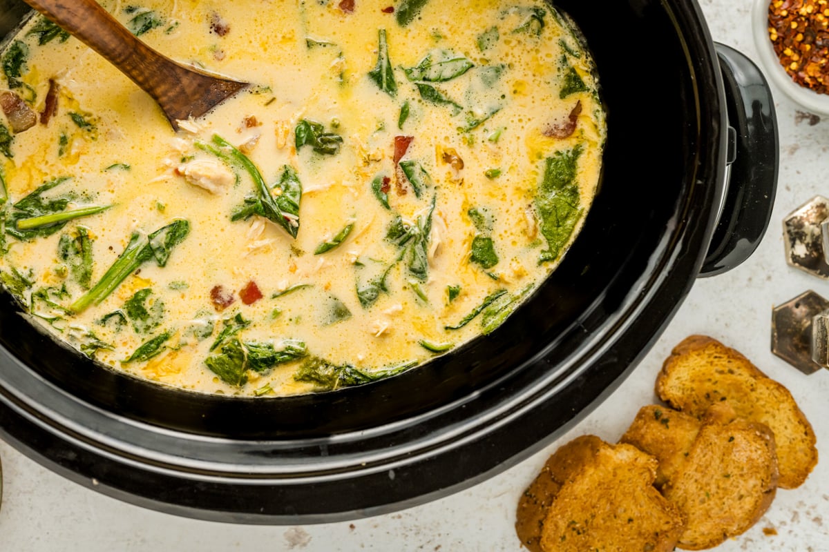 overhead shot of slow cooker crack chicken soup.