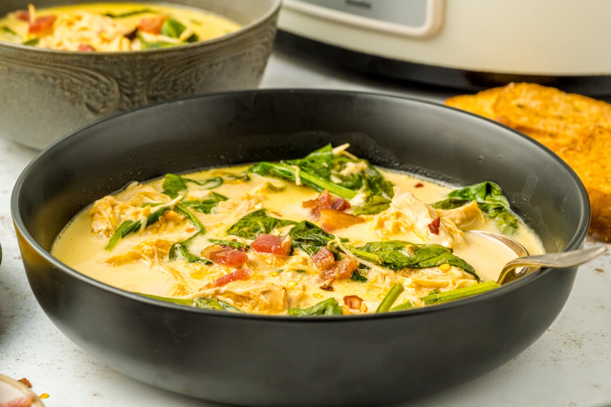 serving of slow cooker crack chicken soup in a bowl.