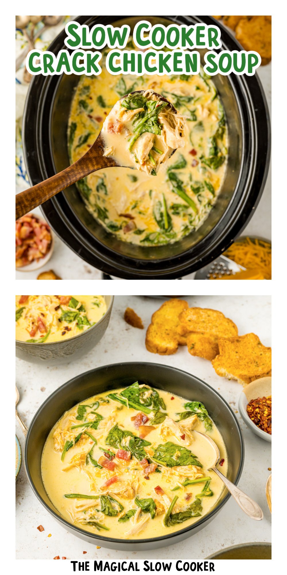 two images of slow cooker crack chicken soup with text title overlay.