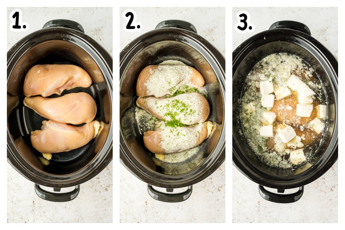 three images showing how to make slow cooker crack chicken soup.