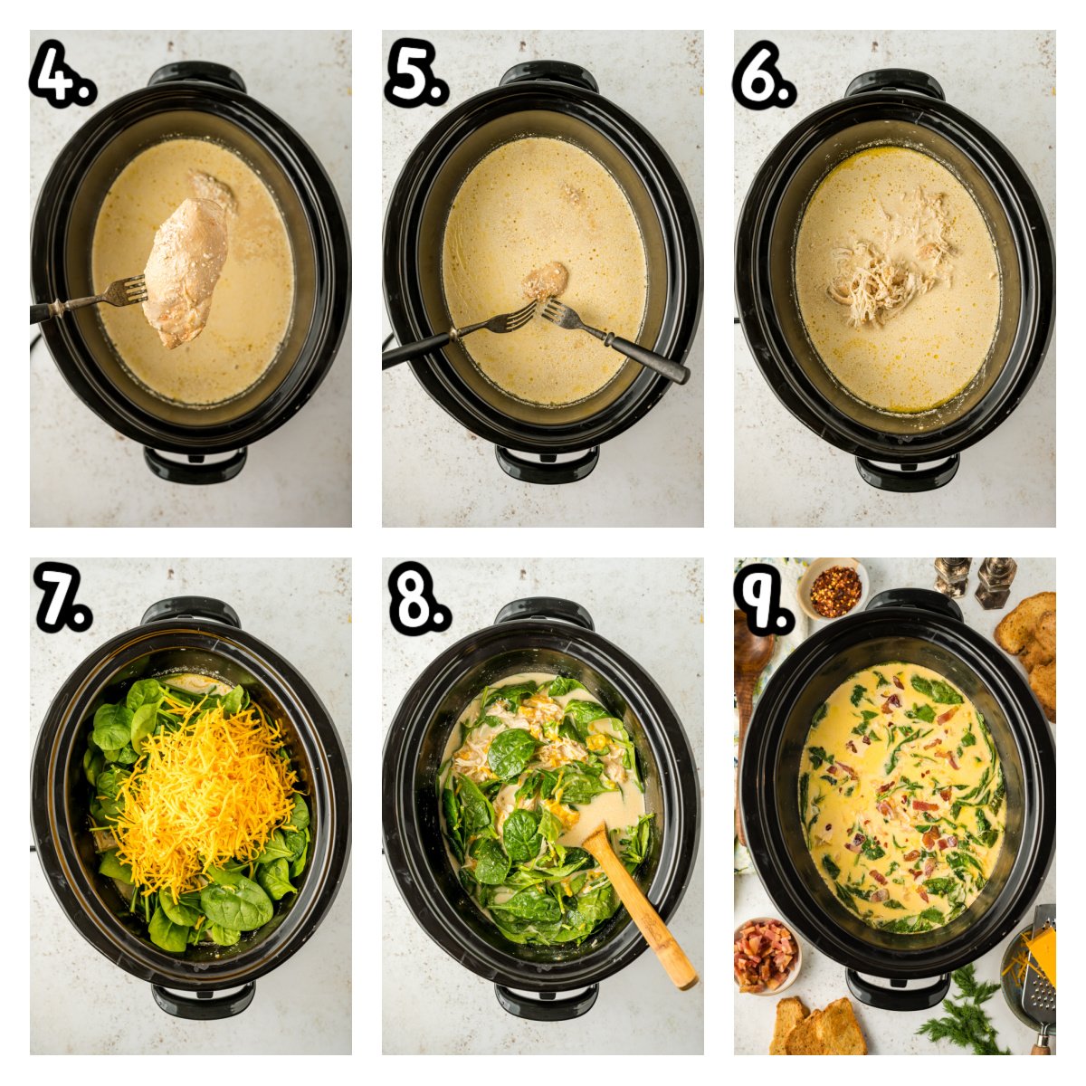 six images showing how to make slow cooker crack chicken soup,