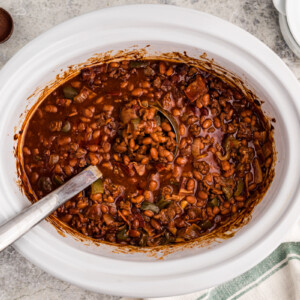 overhead of slow cooker land your man baked beans.