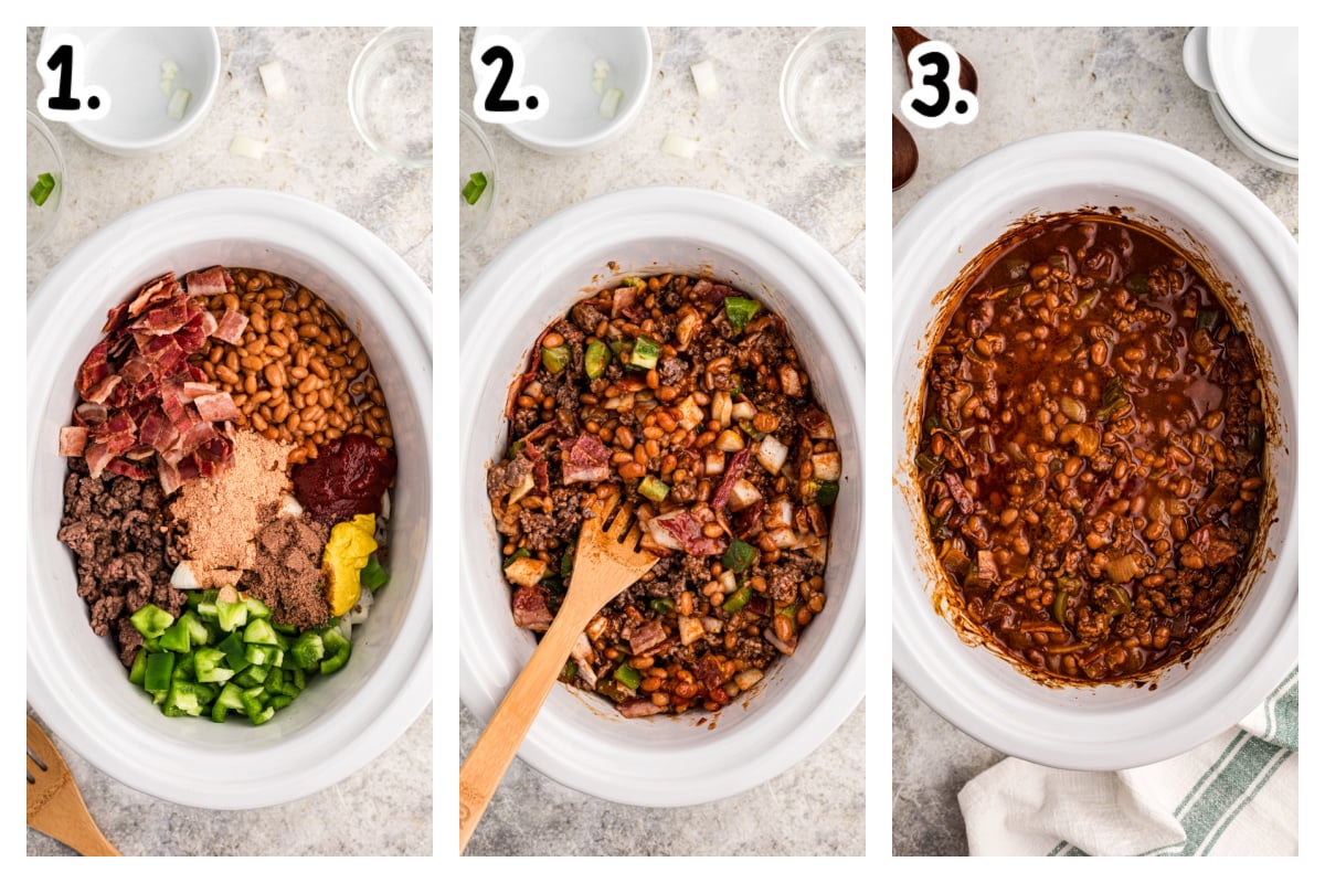 three images showing how to make slow cooker land your man baked beans.