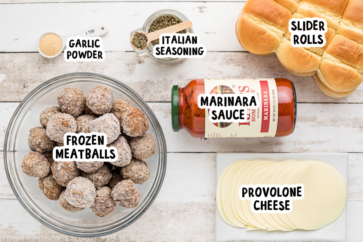 ingredients to make slow cooker meatball sliders on a table.