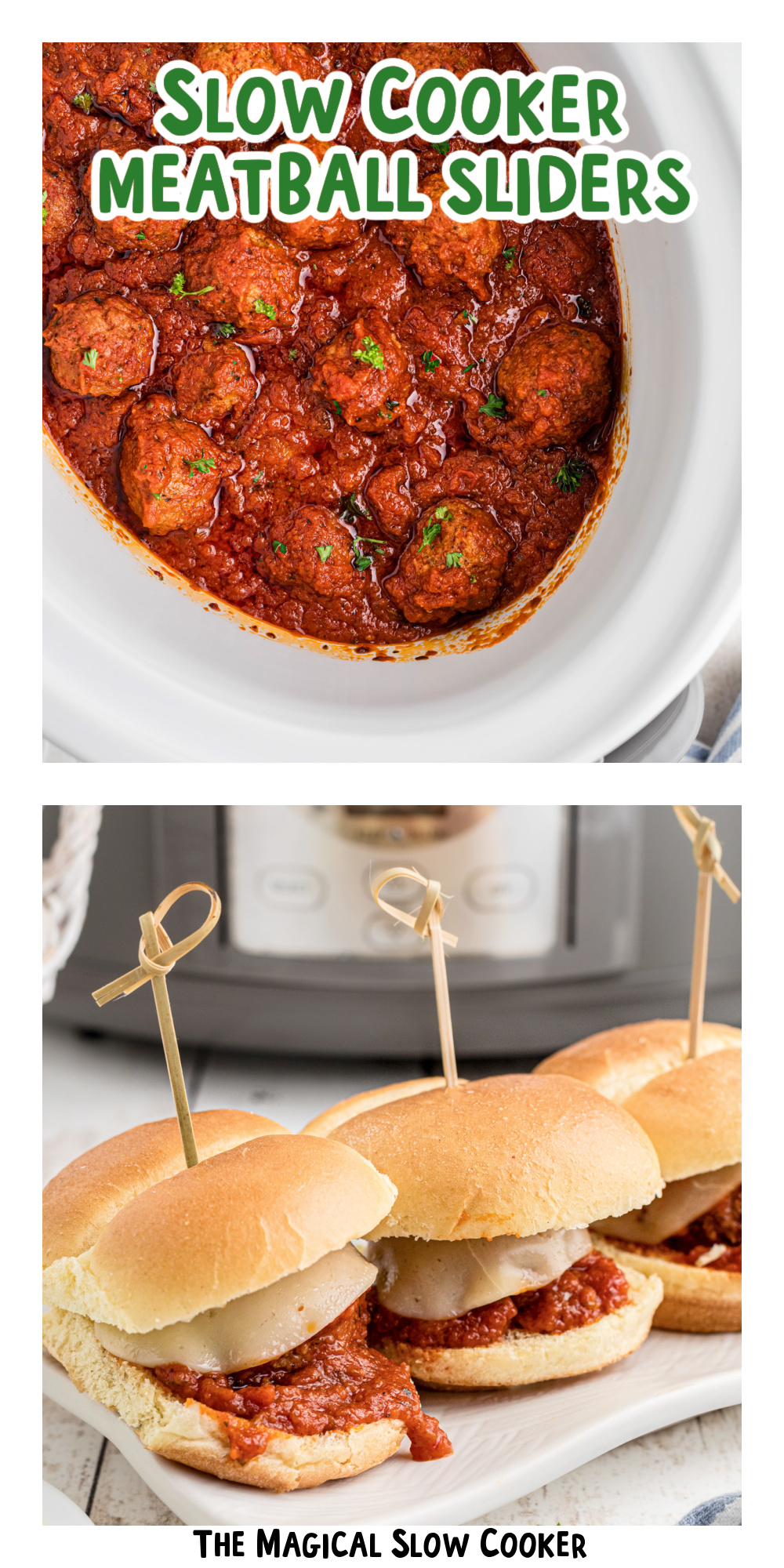 two images of slow cooker meatball sliders with text title overlay.