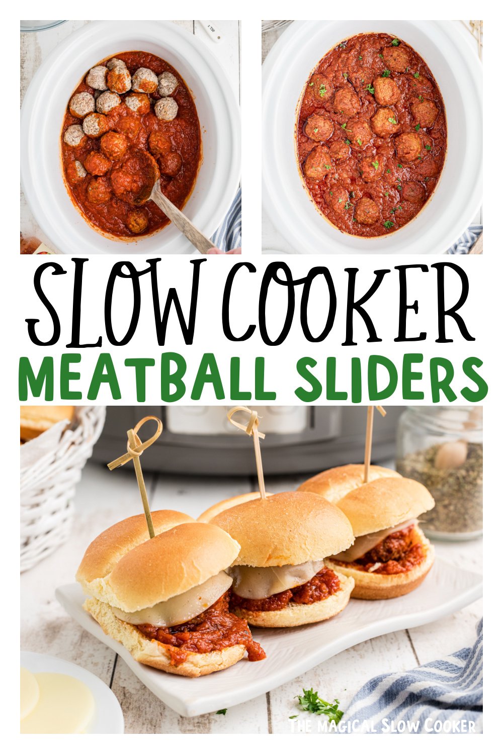 three images of slow cooker meatball sliders for pinterest.