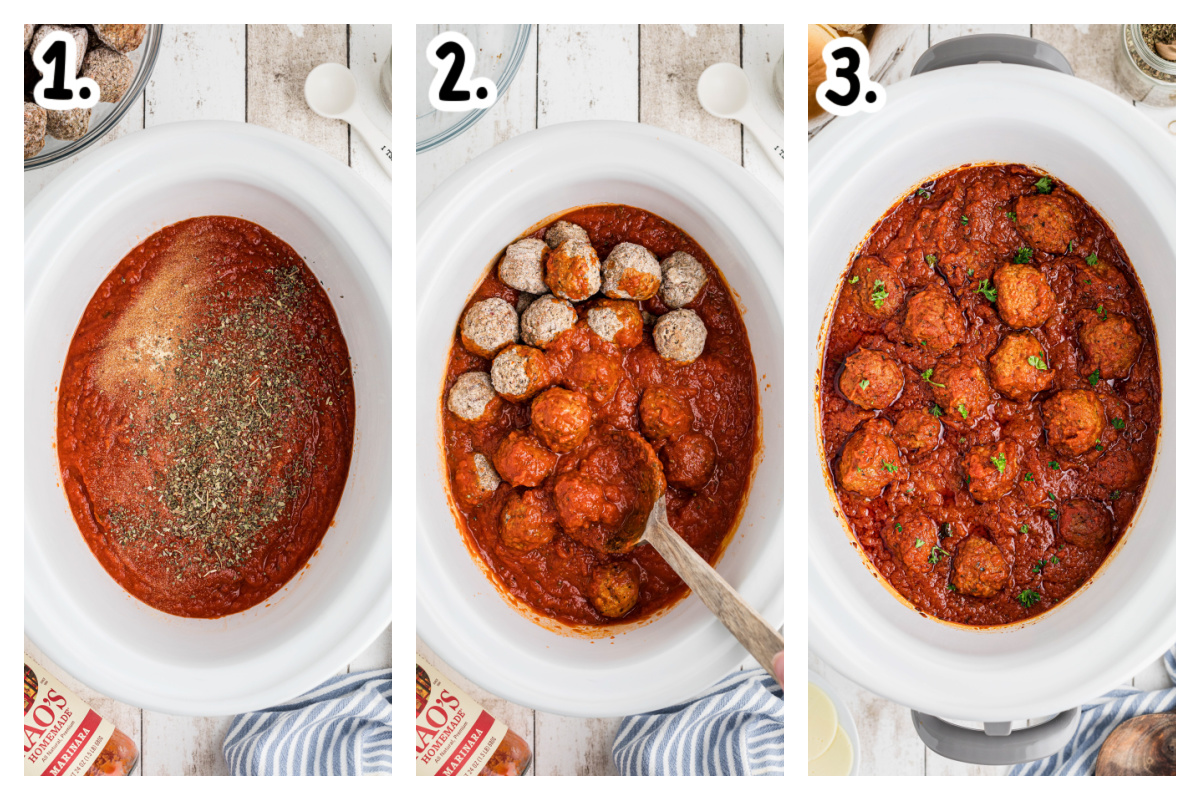 three images showing how to make slow cooker meatball sliders.