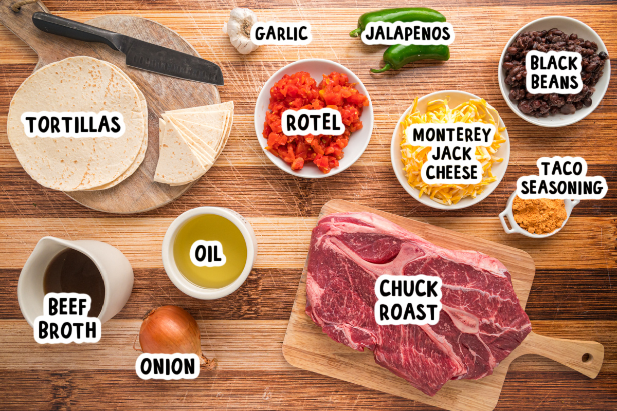 ingredients for slow cooker pot roast nachos on a table.