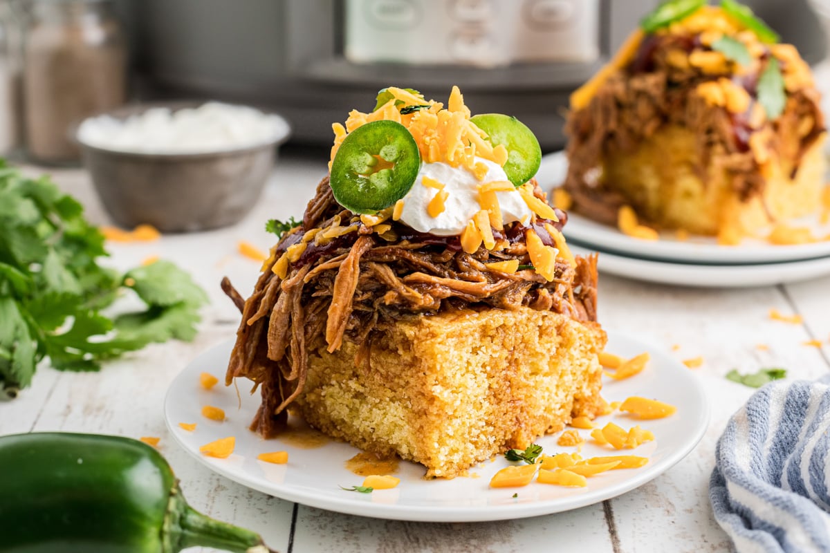 serving of slow cooker pulled pork chow down on a plate.