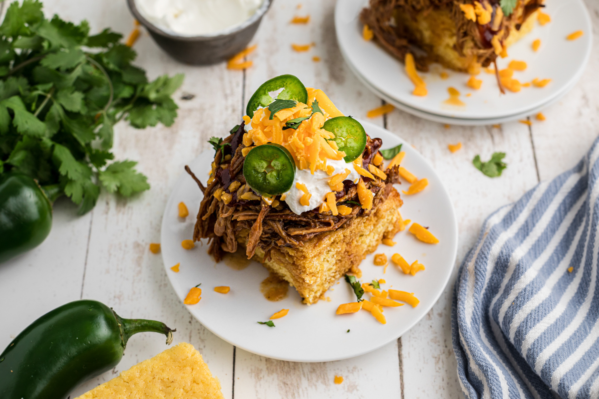 overhead of slow cooker pulled pork chow down on a plate.