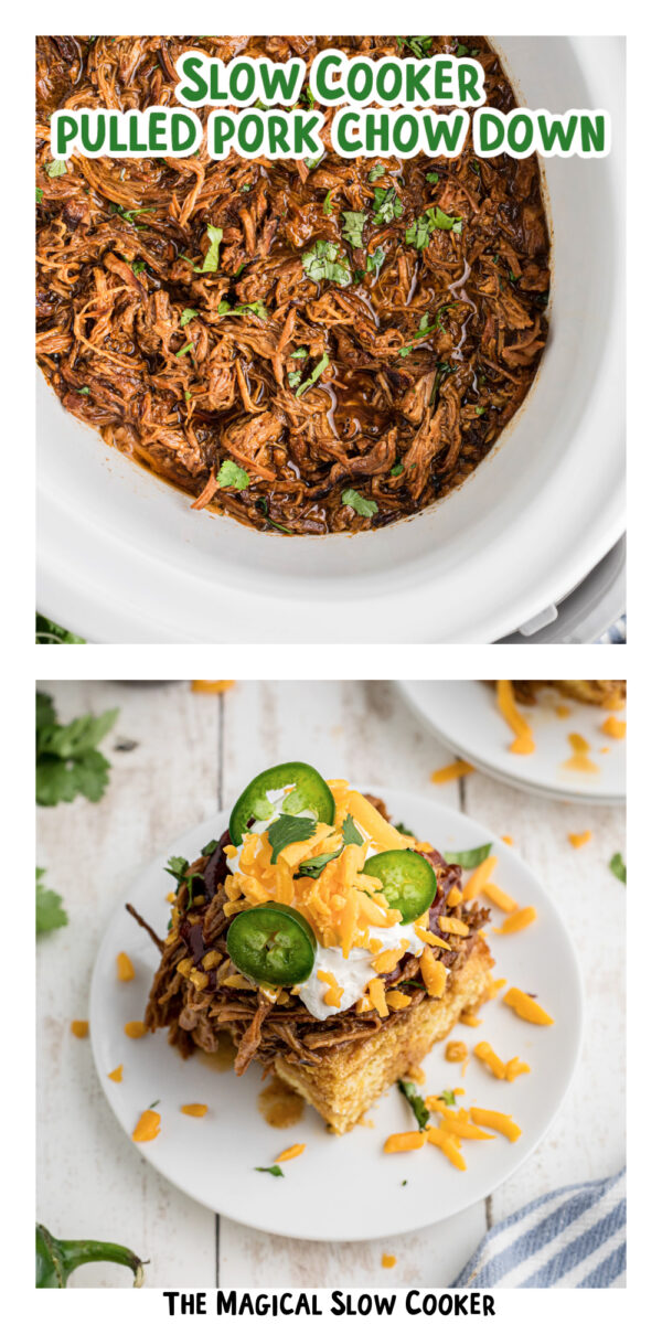 two images of slow cooker pulled pork chow down with text title overlay.
