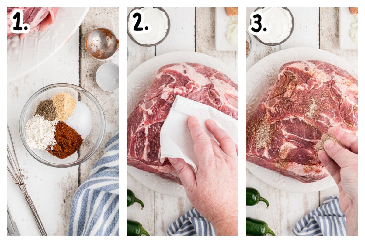 three images showing how to make slow cooker pulled pork chow down.