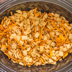 overhead shot of slow cooker ranch chex mix.