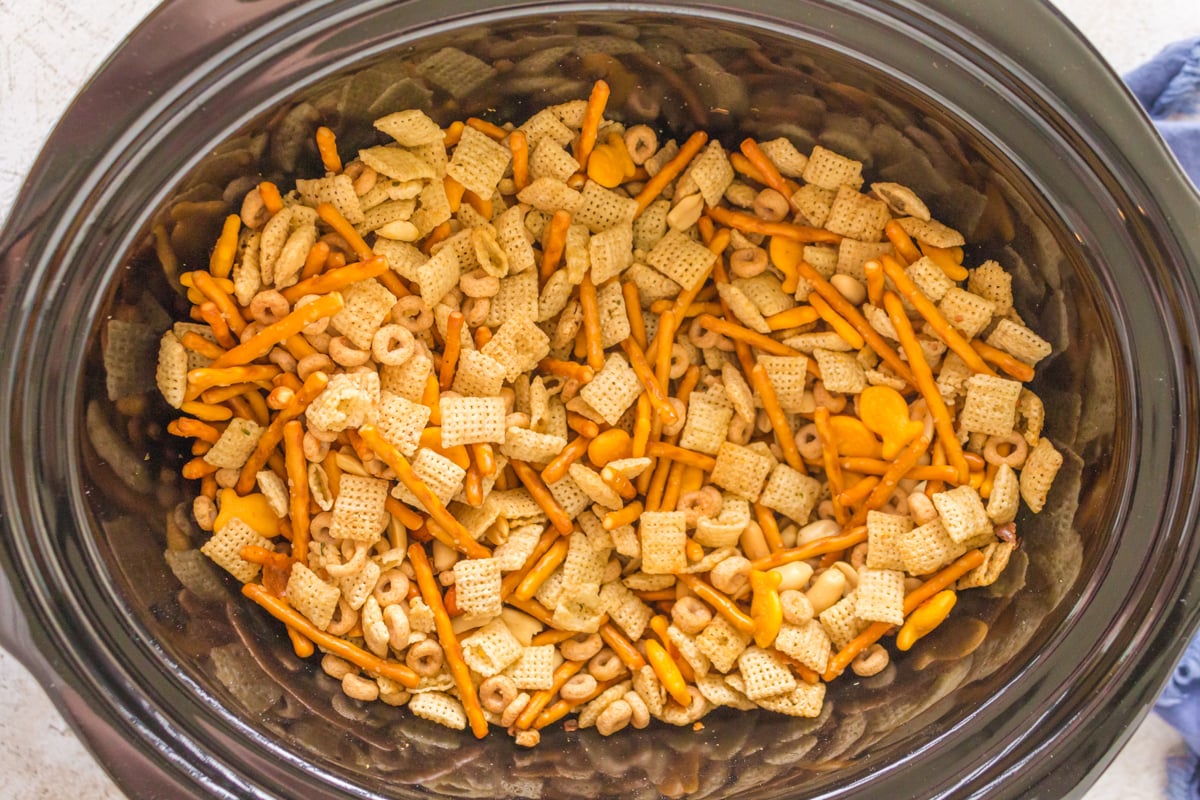 overhead shot of slow cooker ranch chex mix.